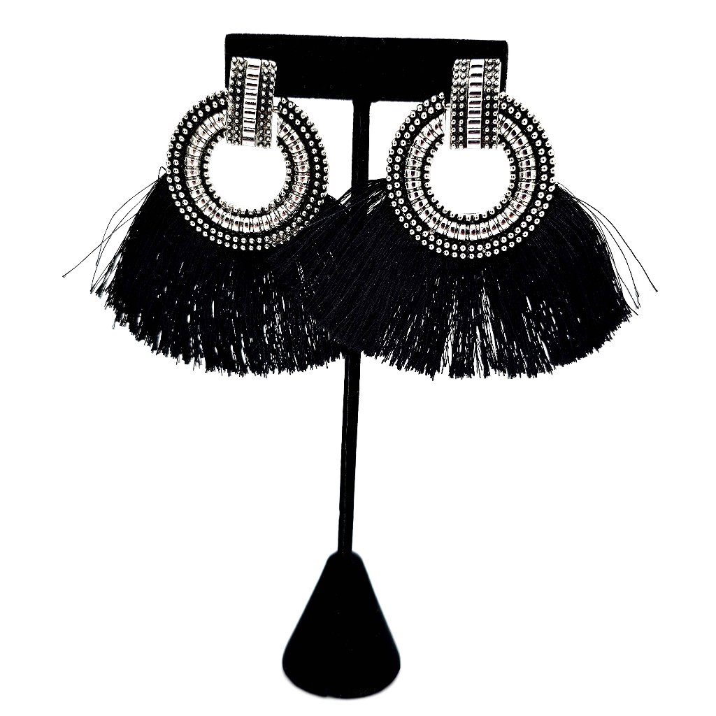 Black Fringe Circle Statement Earrings Textured Silver-Tone Pierced Boho 17$